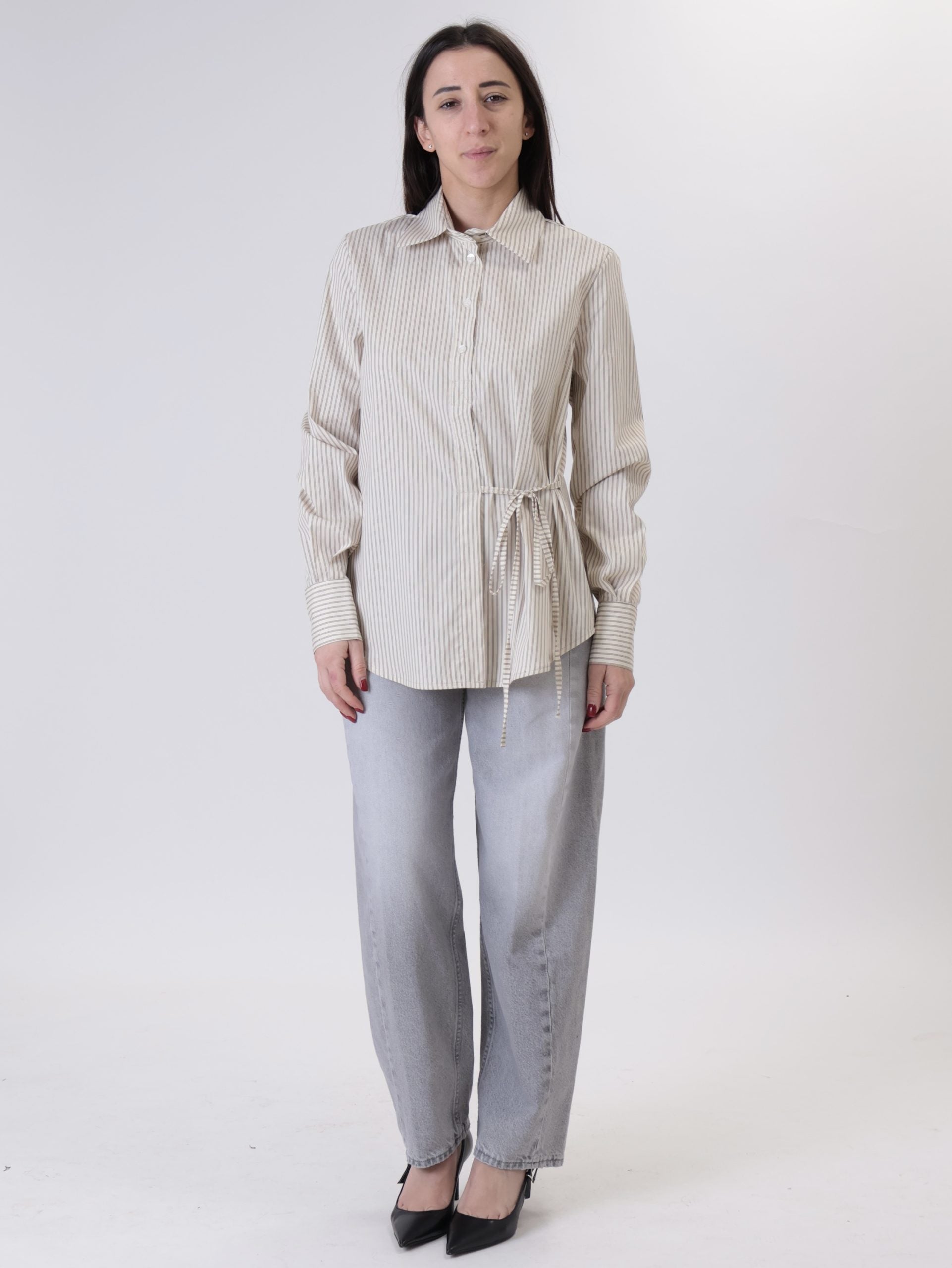 Striped lace shirt dark brown/cream
