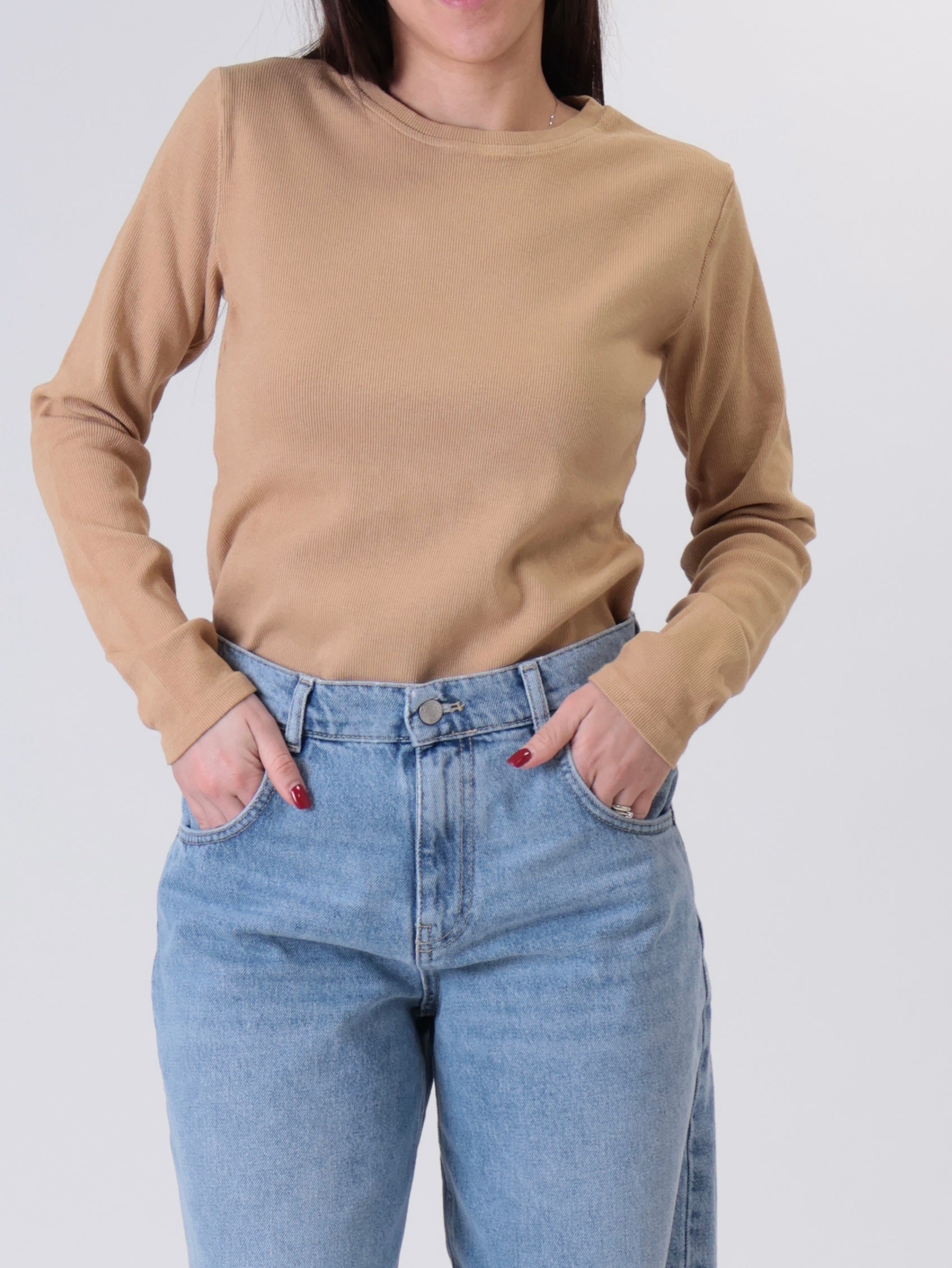 Maglia girocollo costina m/lunga beige