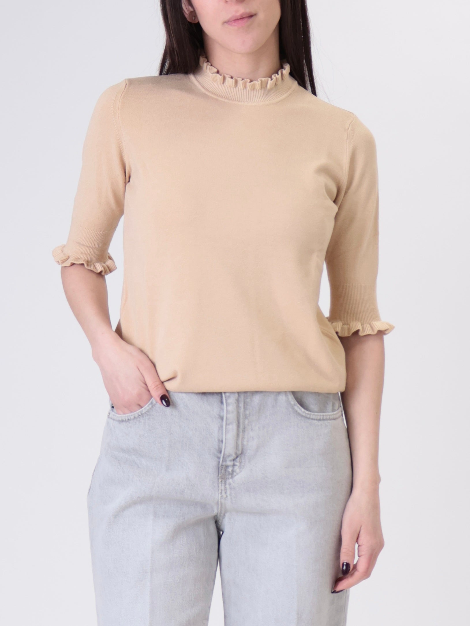Beige ruffled short-sleeve top