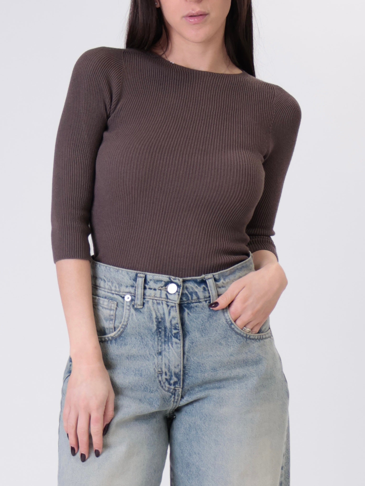 Maglia manica 3/4 costina cioccolato