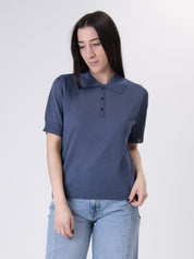 Blue lurex knit polo shirt
