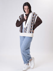 Jacquard V-neck vest dark brown/light blue