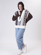 Jacquard V-neck vest dark brown/light blue