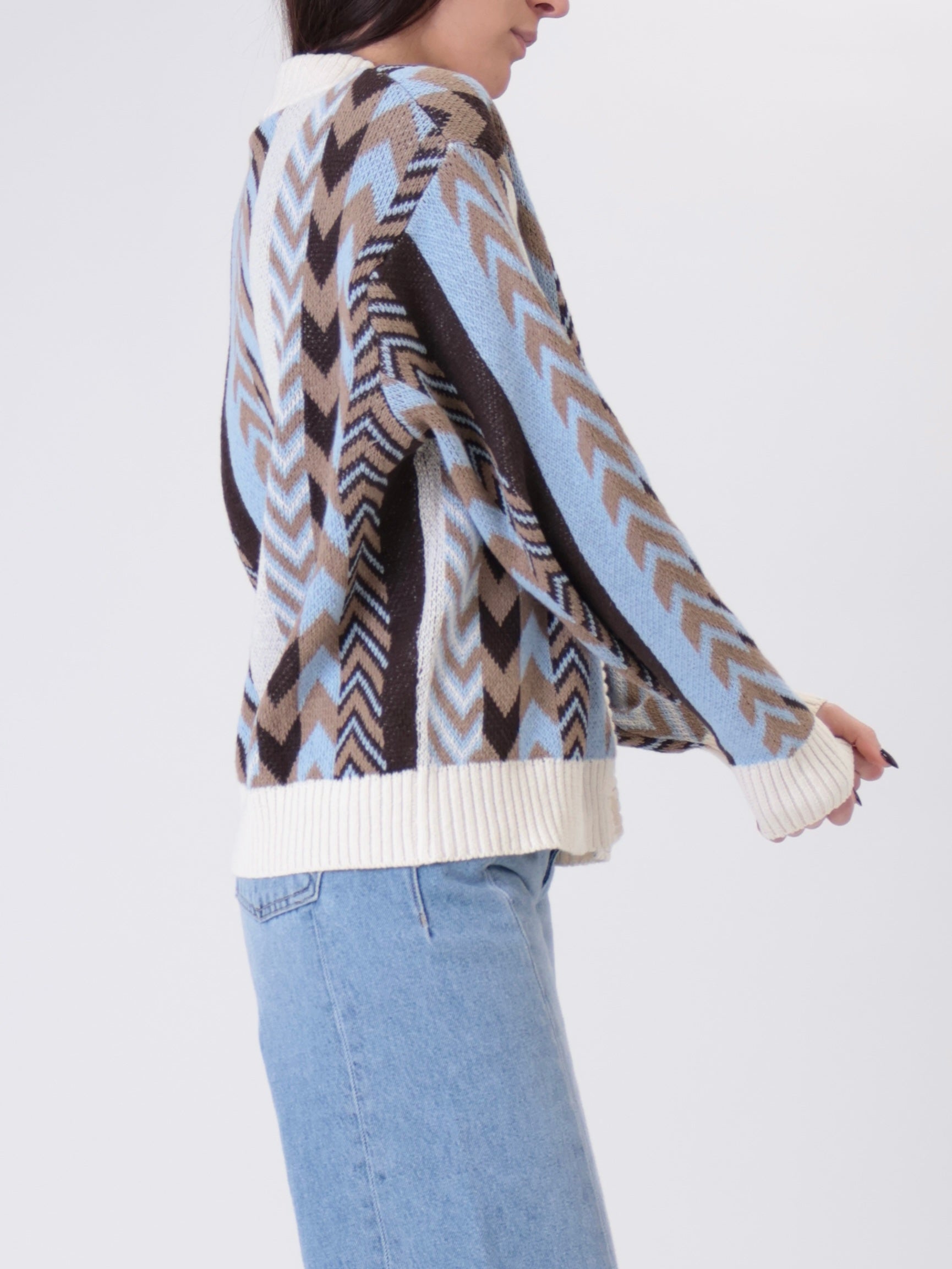 Cardigan bottoni jacquard moro/celeste