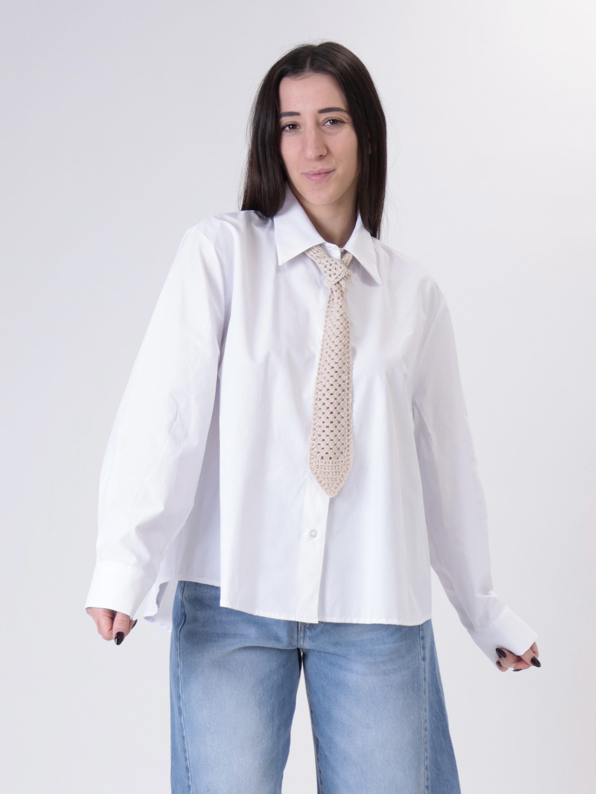 Shirt with white crochet tie
