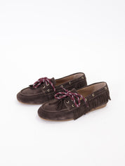 Dark brown fringed boat loafer