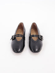 Black patent leather double buckle ballerina flat
