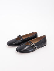 Black patent leather double buckle ballerina flat