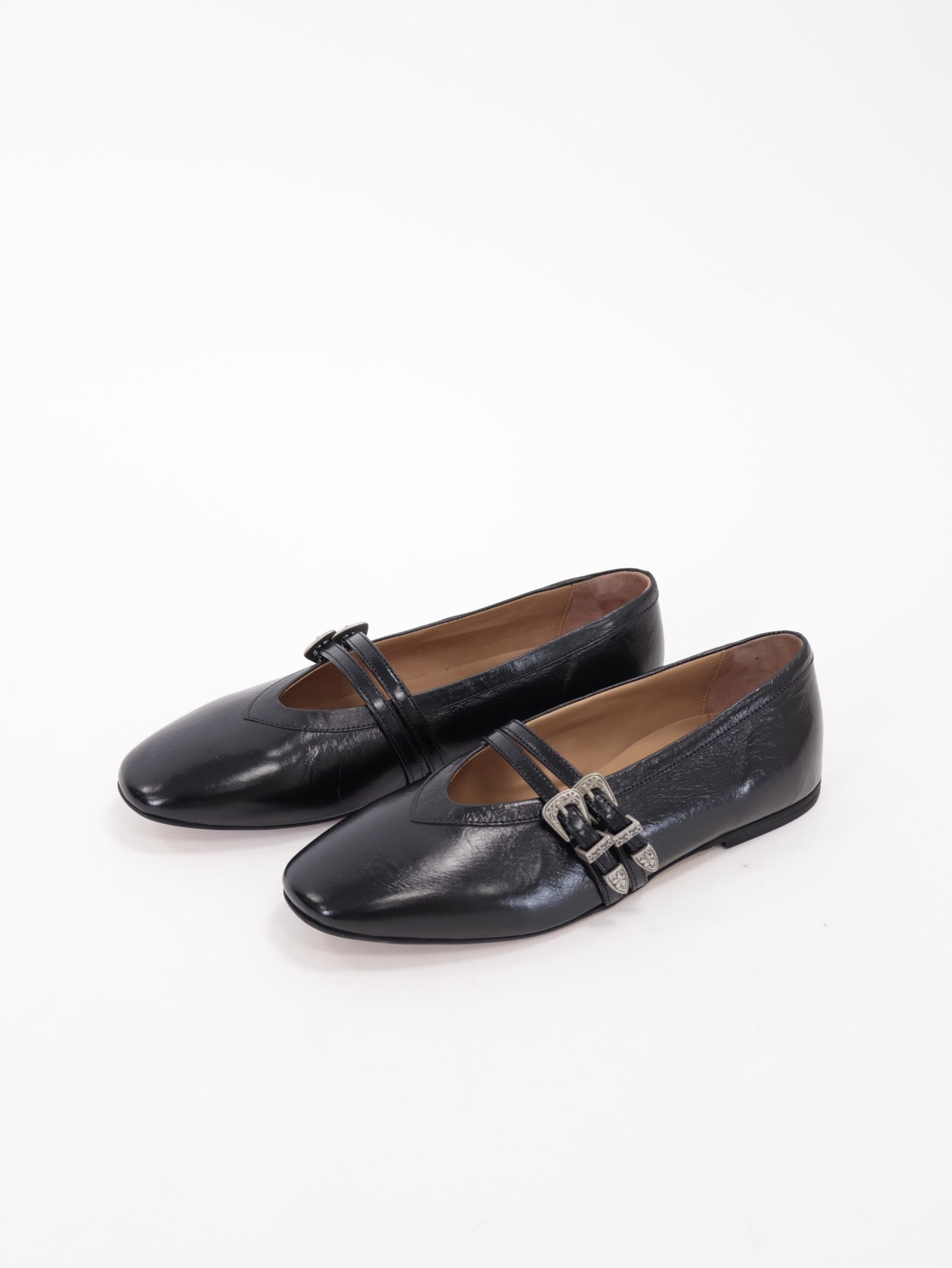 Black patent leather double buckle ballerina flat