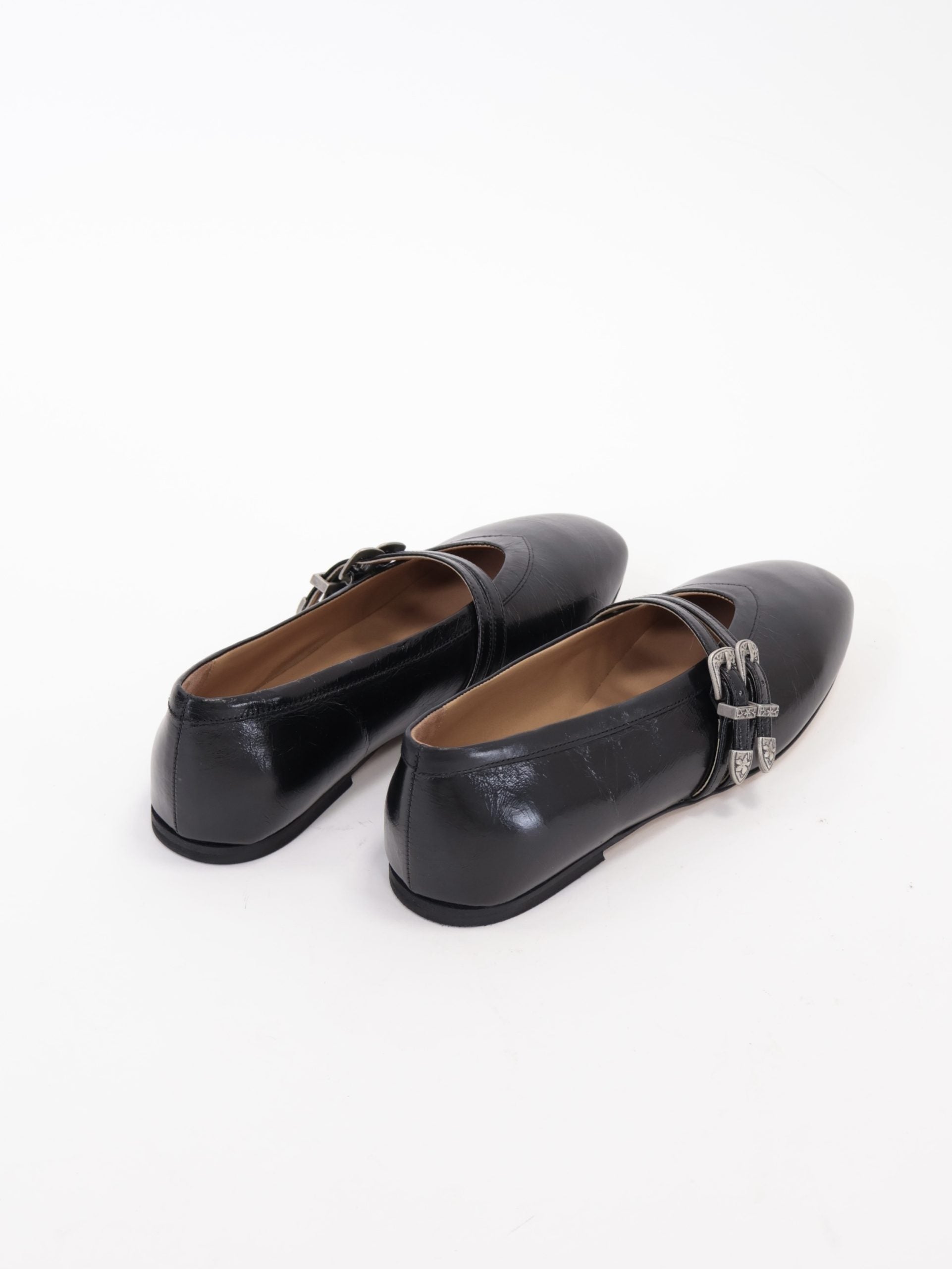 Black patent leather double buckle ballerina flat