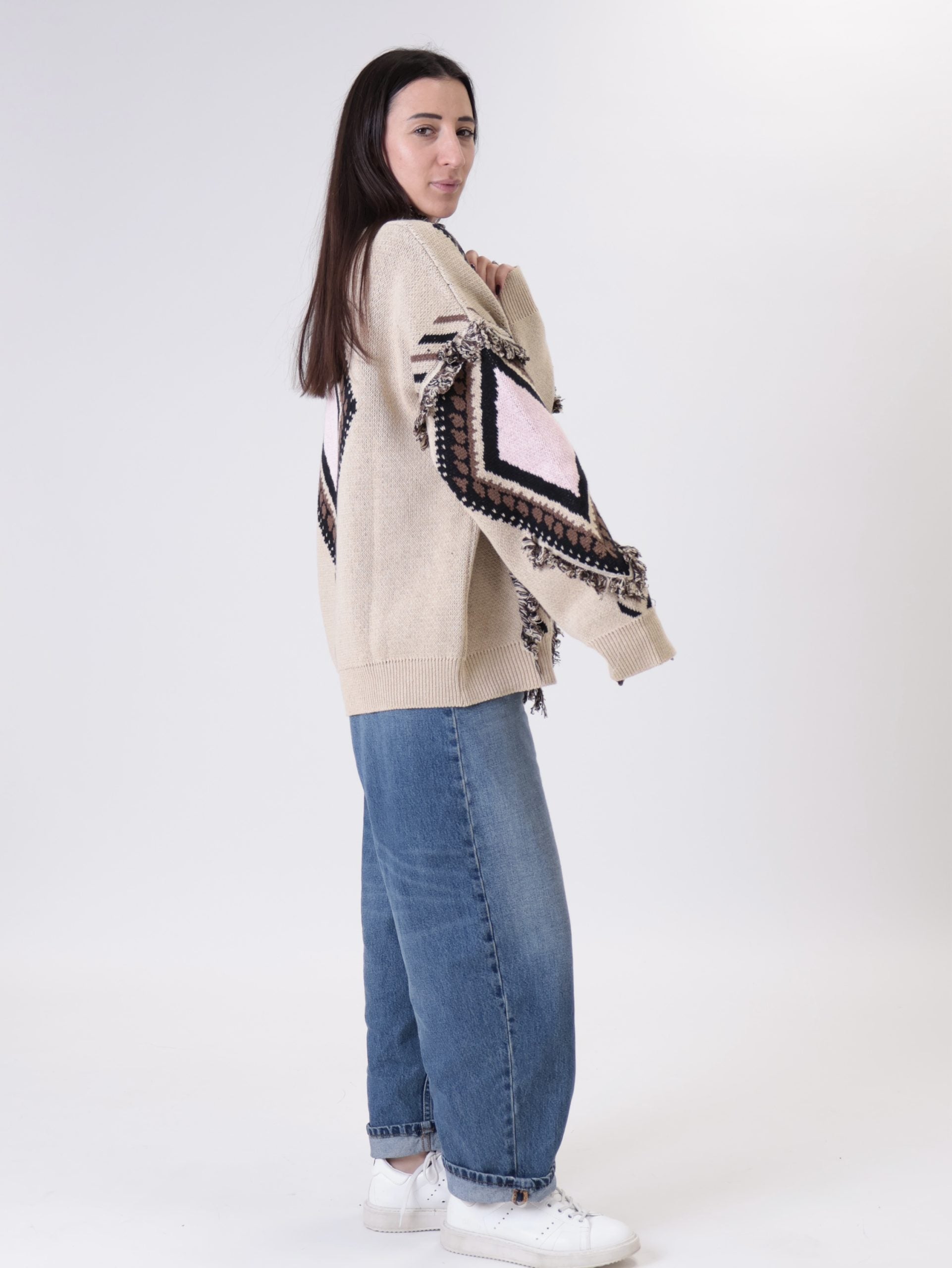 Cardigan fantasia rombi rosa/beige