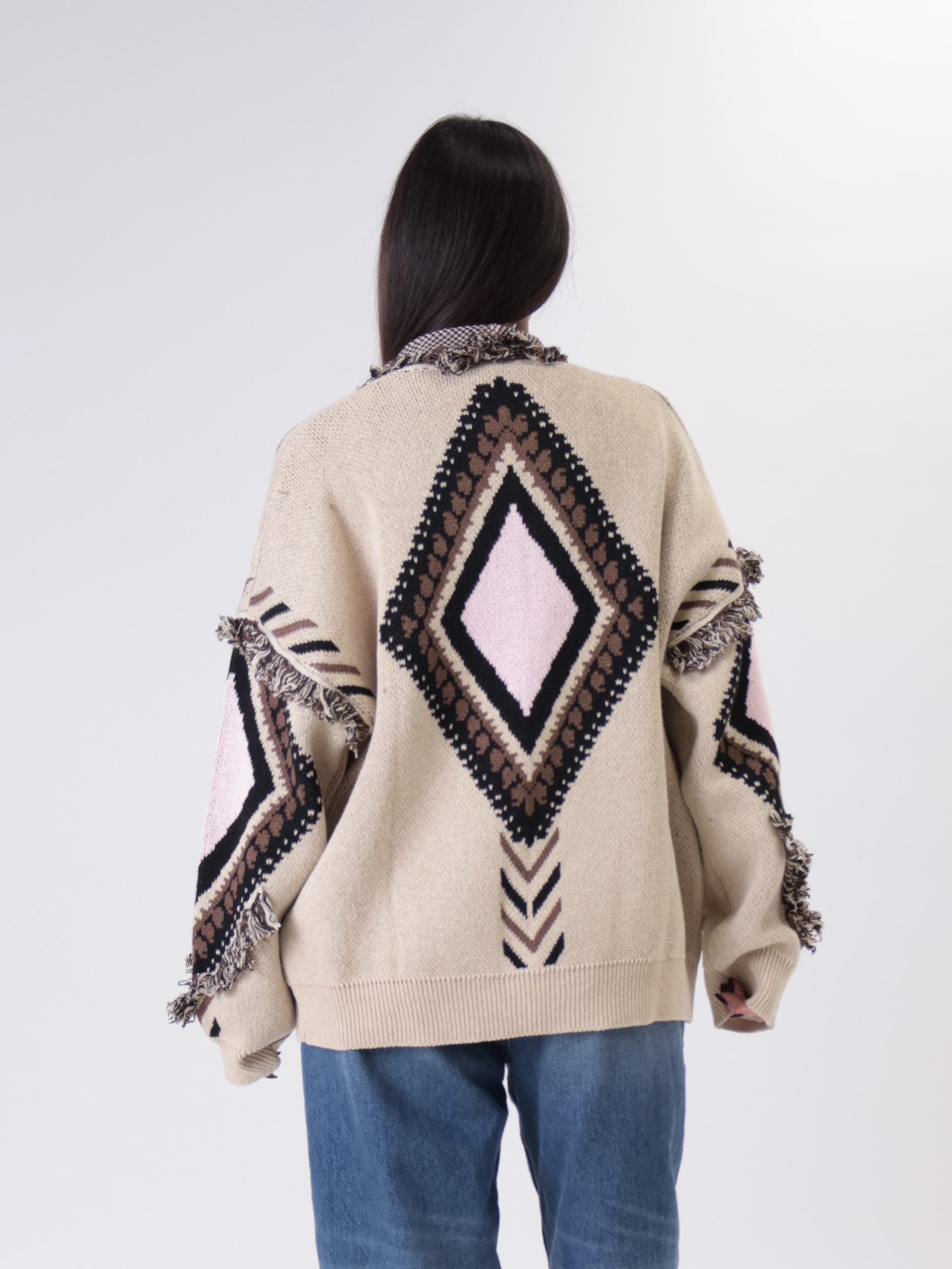 Cardigan fantasia rombi rosa/beige