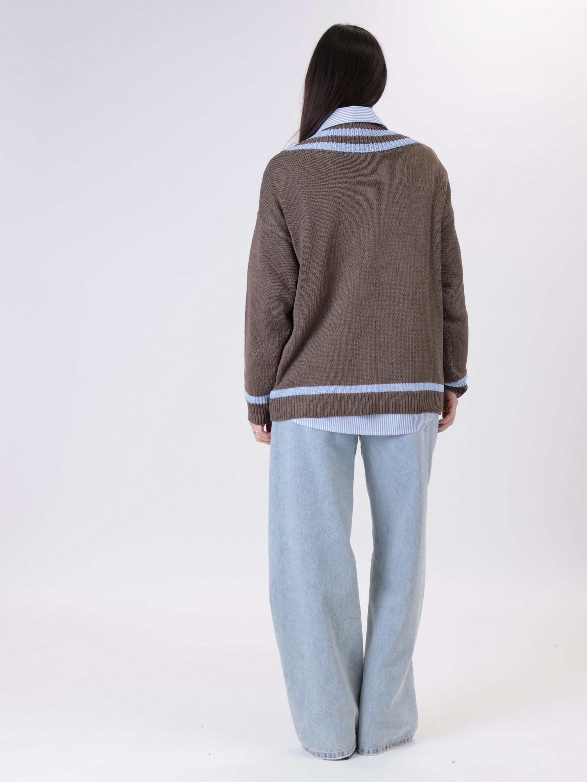 Dark brown/light blue V-neck jumper