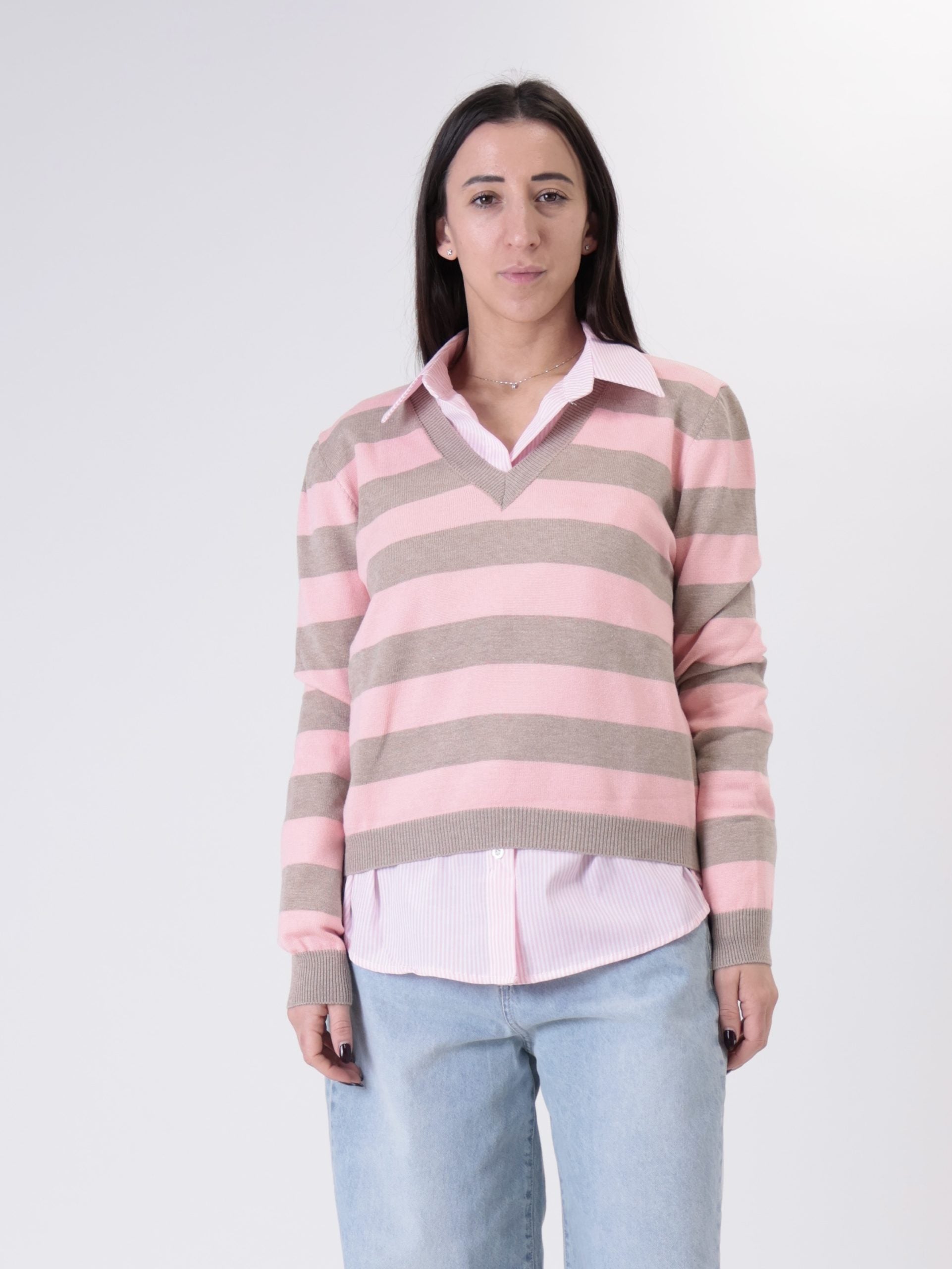 Pullover riga scollo V rosa/beige