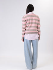 Pullover riga scollo V rosa/beige
