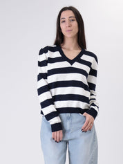 Pullover riga scollo V blu/bianco