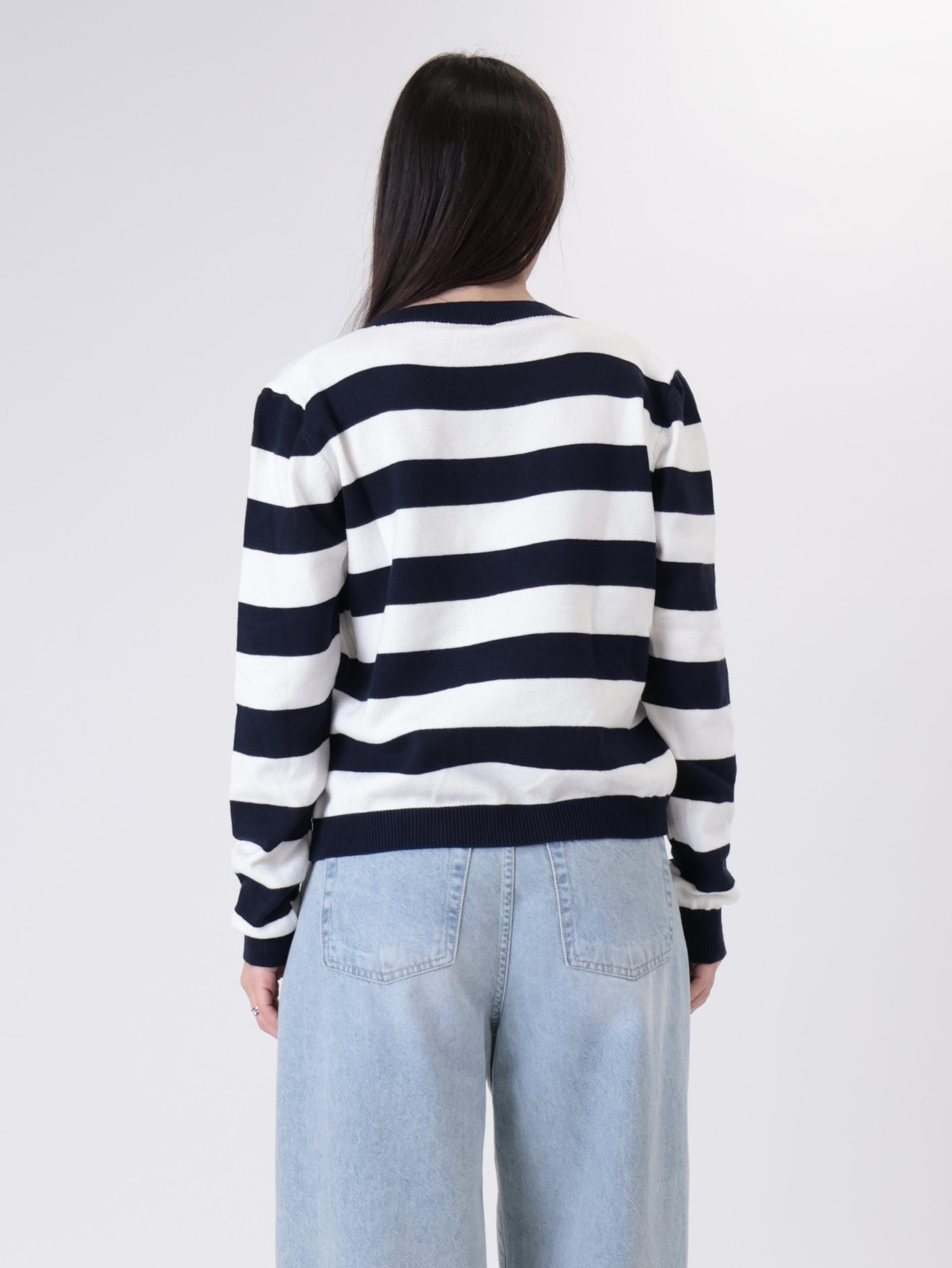 Pullover riga scollo V blu/bianco