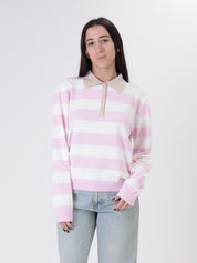 Pink/white striped polo shirt