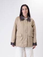 Giacca cotone orli ecopelle beige