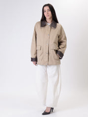 Giacca cotone orli ecopelle beige