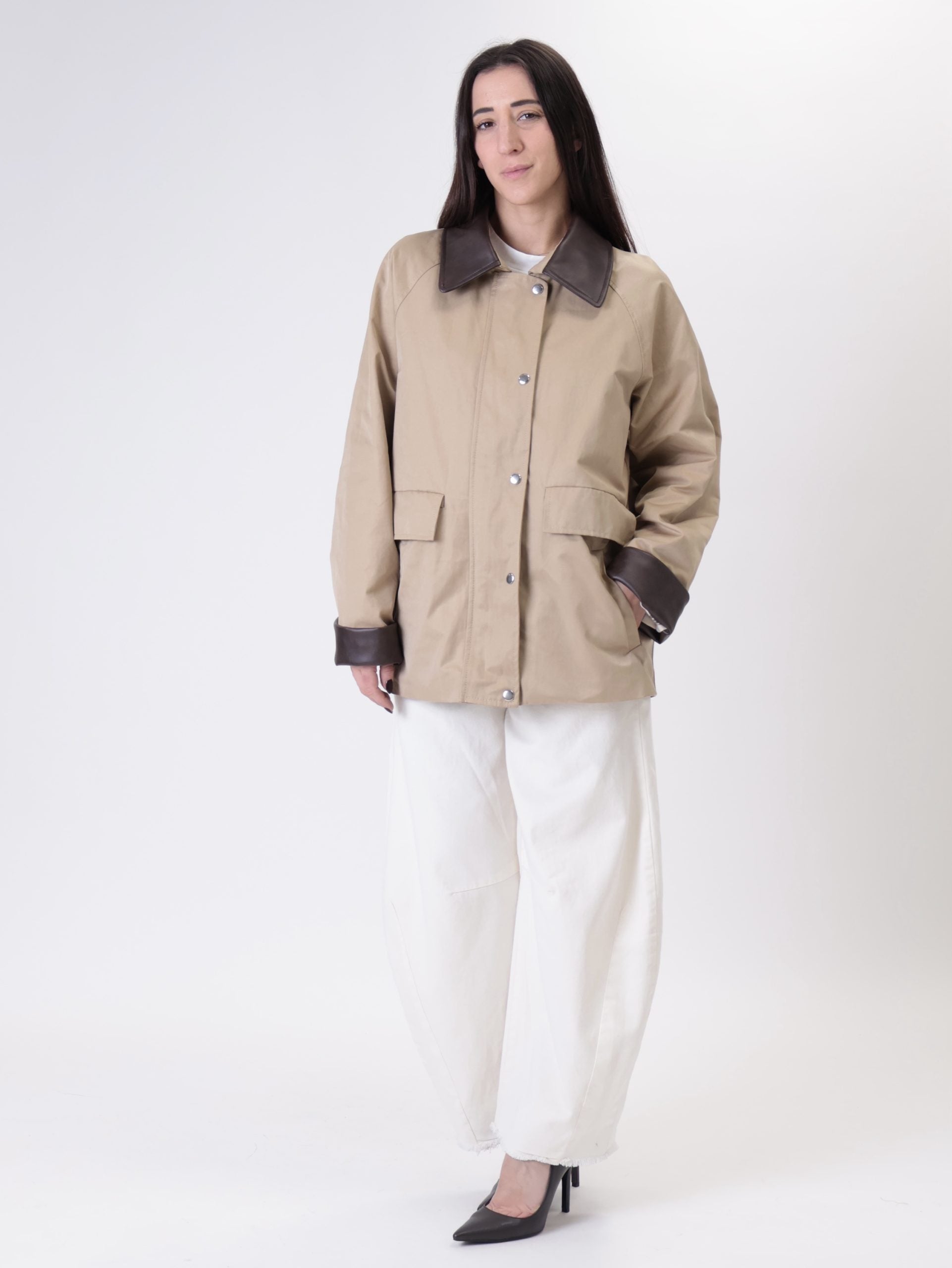 Giacca cotone orli ecopelle beige