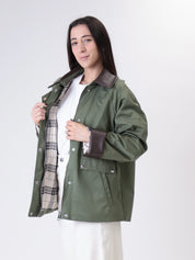 Cotton jacket with faux leather military trim