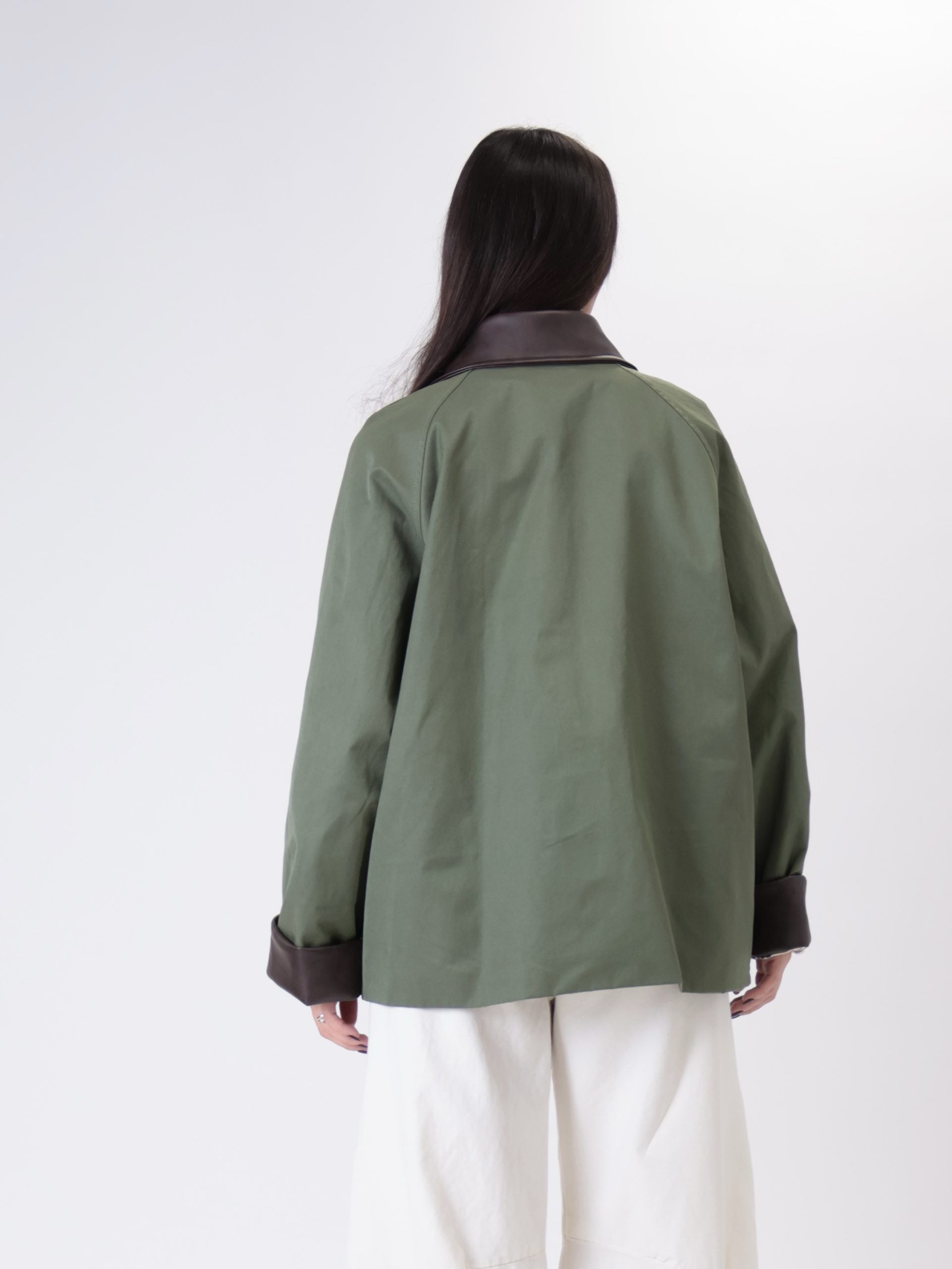 Cotton jacket with faux leather military trim