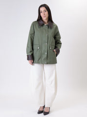 Cotton jacket with faux leather military trim