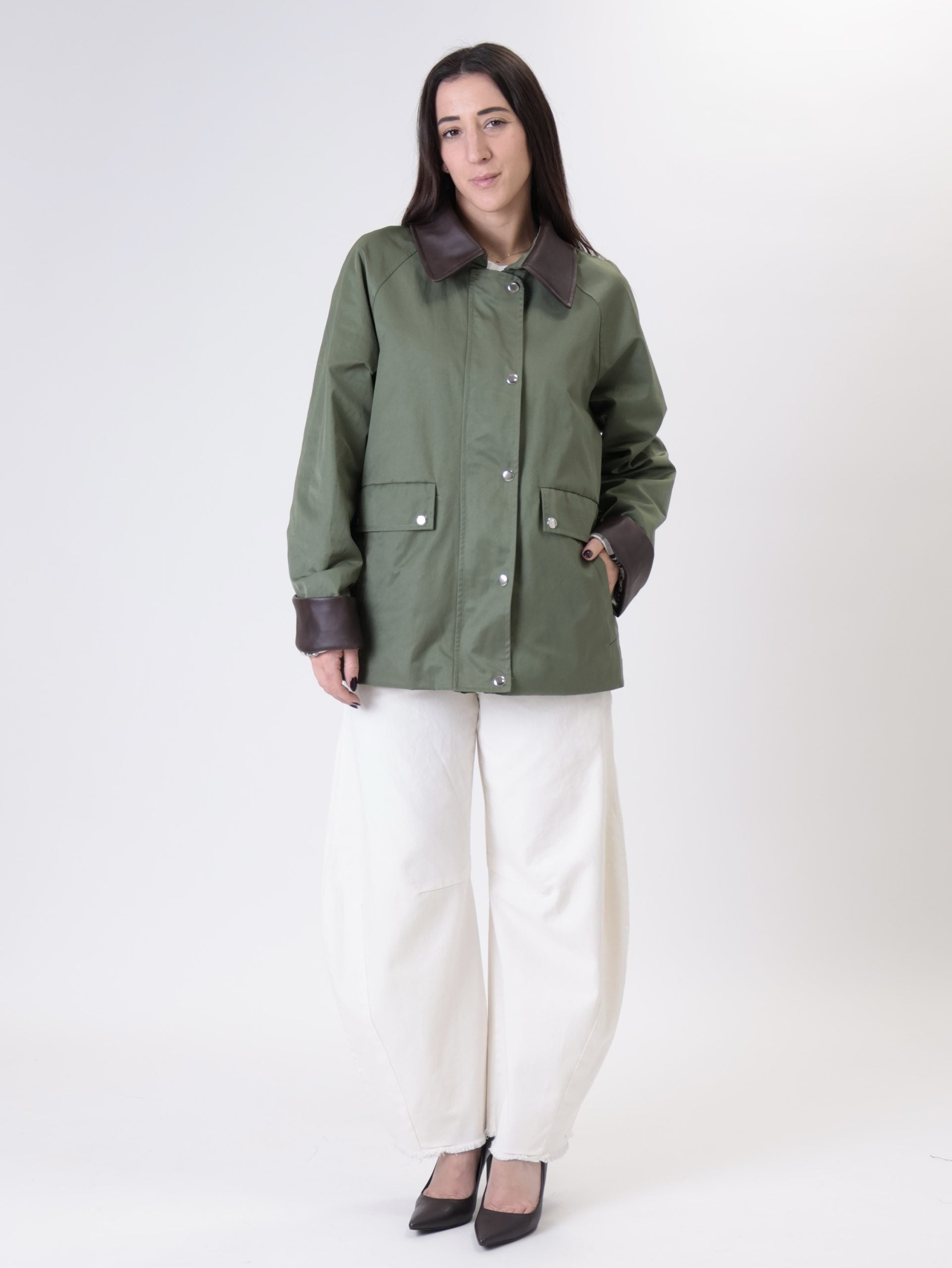 Cotton jacket with faux leather military trim