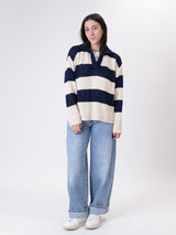 Knitted polo shirt with butter/blue stripe