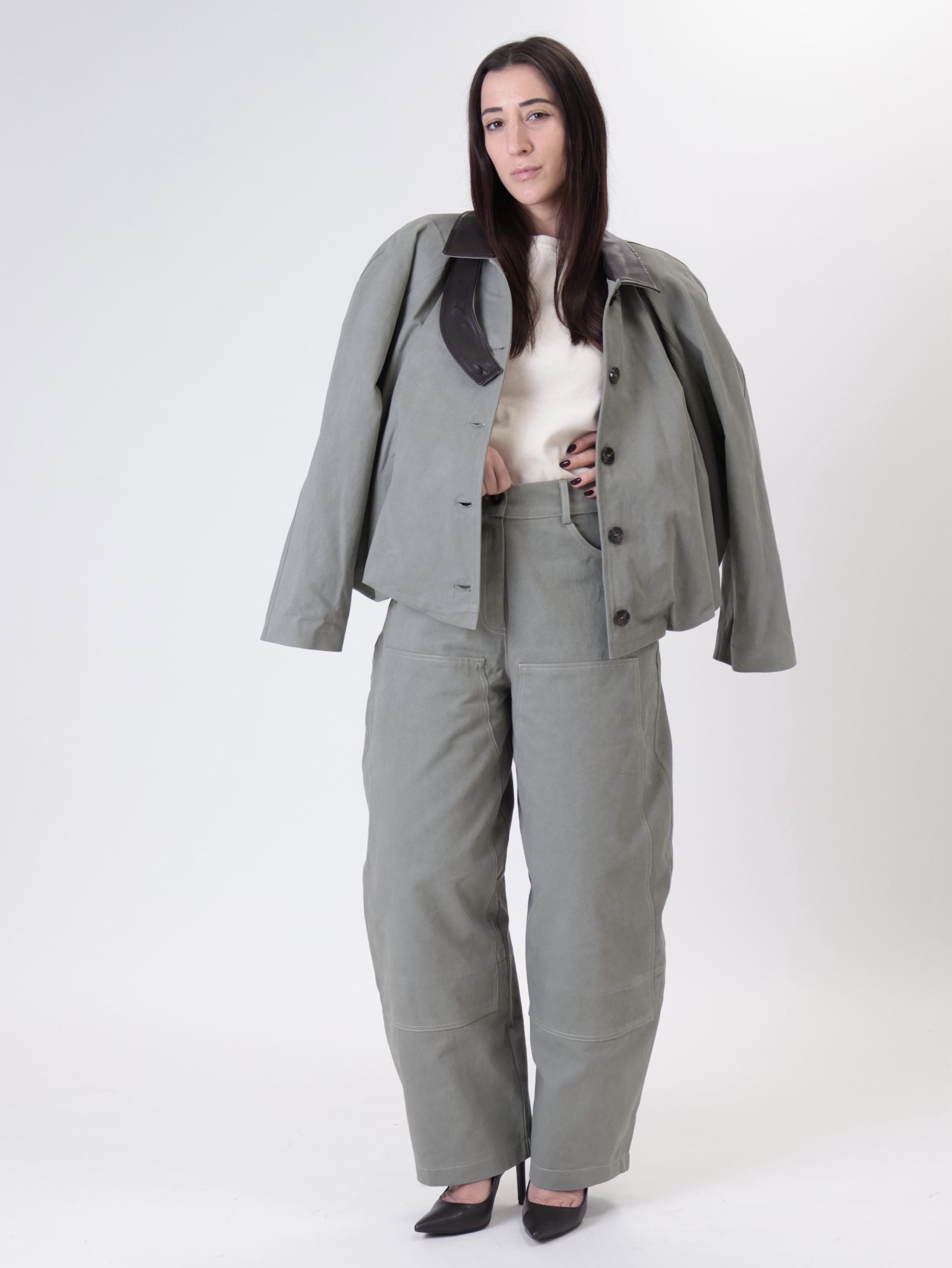 Pantalone tasche ecopelle salvia