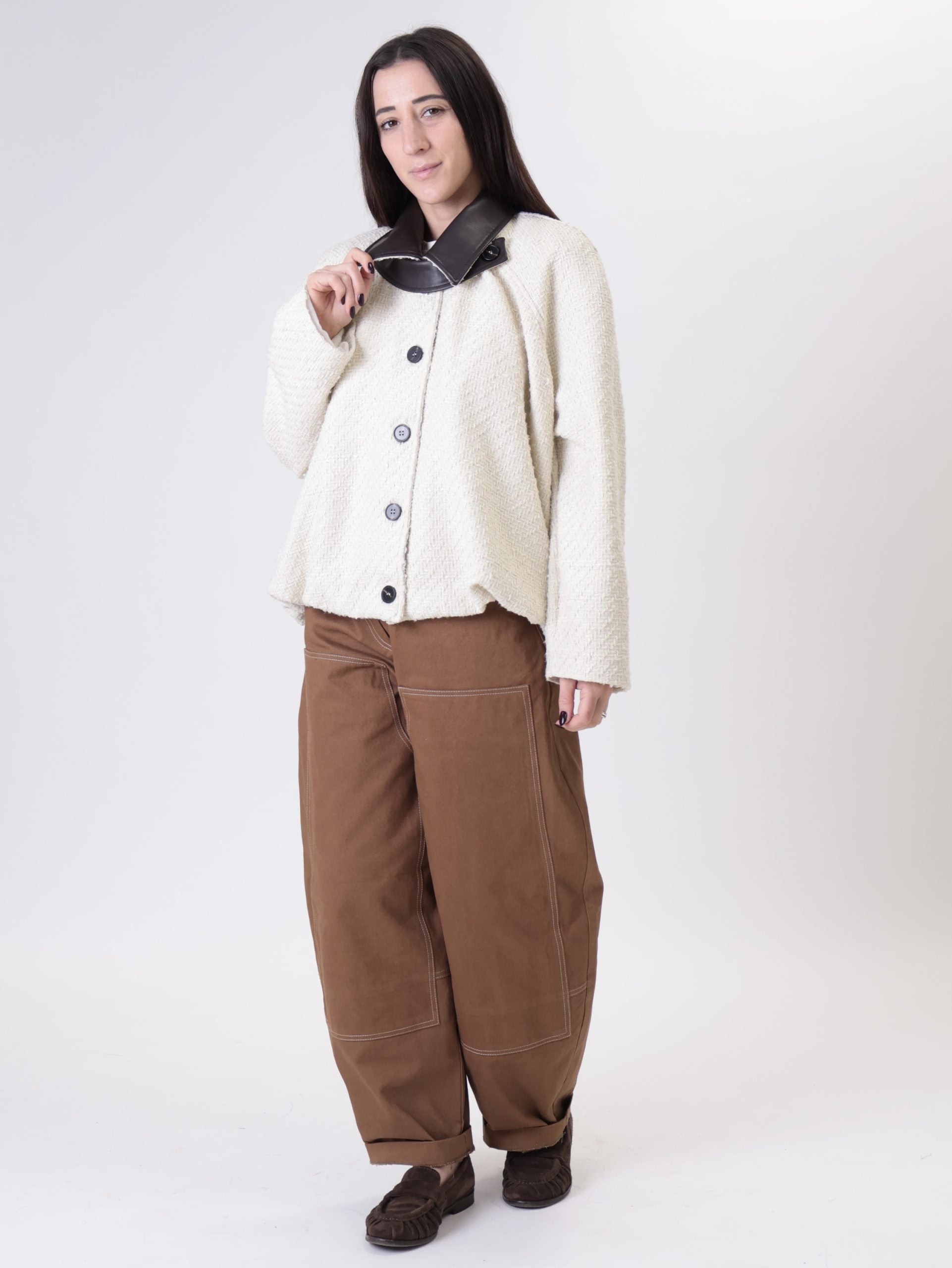 Pantalone tasche ecopelle tabacco