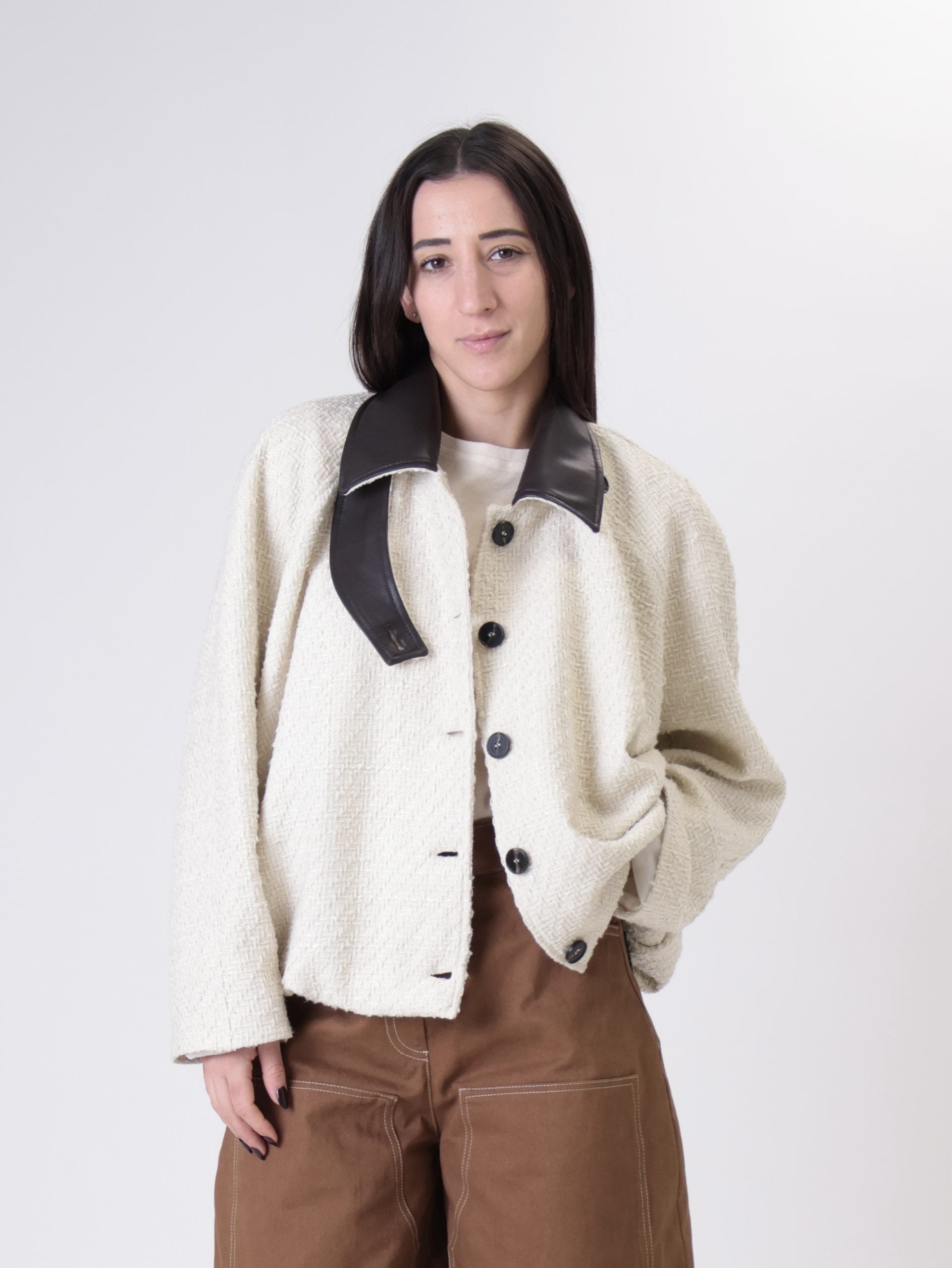 Bomber tweed colletto ecopelle panna