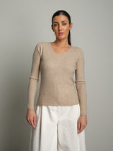 Pullover scollo V tondo - Beige