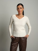 Pullover scollo V tondo - Panna