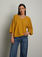 Pull ampio scollo V manica ampia 3/4 Ocra Vicolo 2AC2111;Pull ampio scollo V manica ampia 3/4 Ocra Vicolo 2AC2111 — foto 2;Pull ampio scollo V manica ampia 3/4 Ocra Vicolo 2AC2111 — foto 3