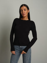 Pullover costina girocollo - Nero