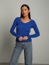 Pullover costina scollo V - Blu