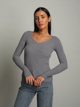 Pullover costina scollo V - Grigio
