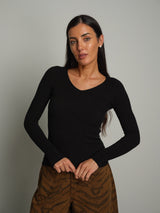 Pullover costina scollo V - Nero
