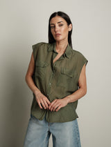 Camicia smanicata tasche viscosa/seta - Verde militare