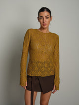 Maglia girocollo pizzo - Ocra