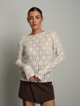Maglia girocollo pizzo - Panna